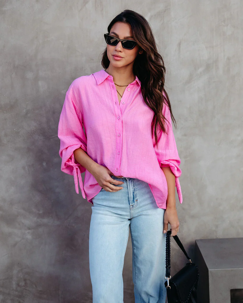 Full Of Surprises Back Tie Button Down Top