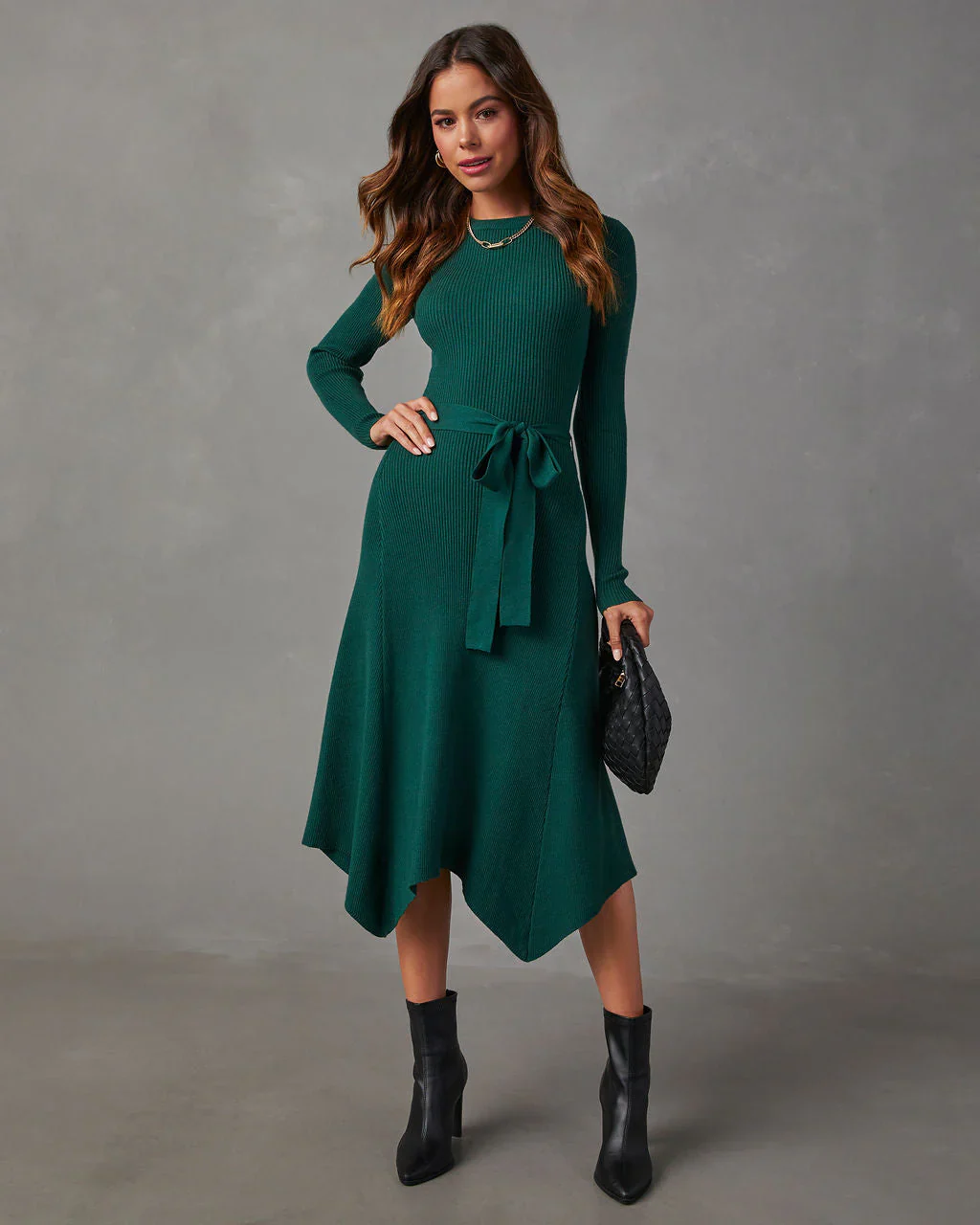 Lia Asymmetrical Hem Tie Waist Midi Sweater Dress