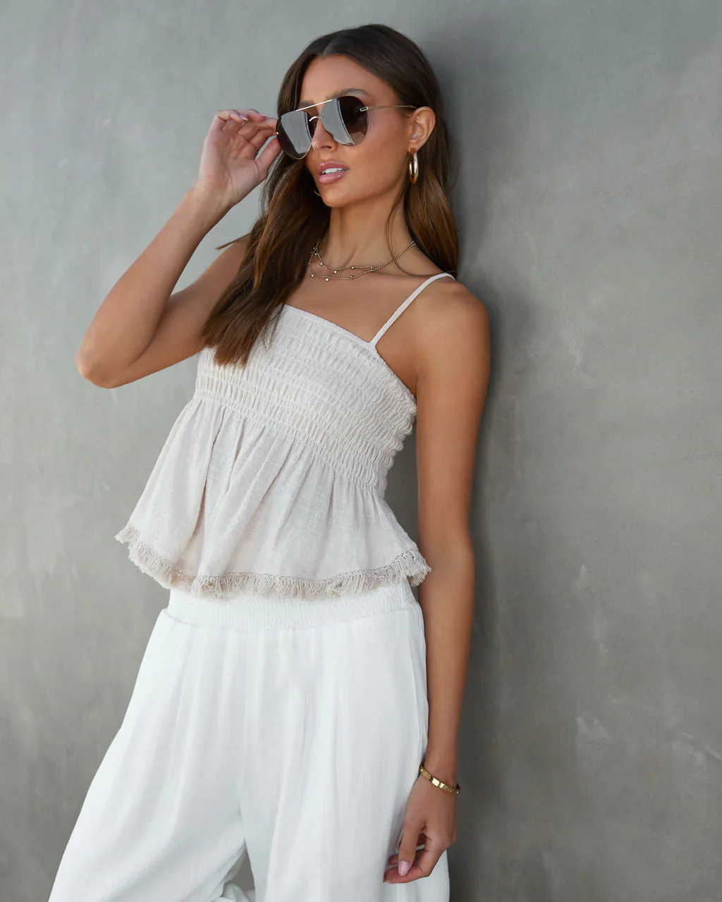 Haley Cotton Smocked Frayed Hem Babydoll Top