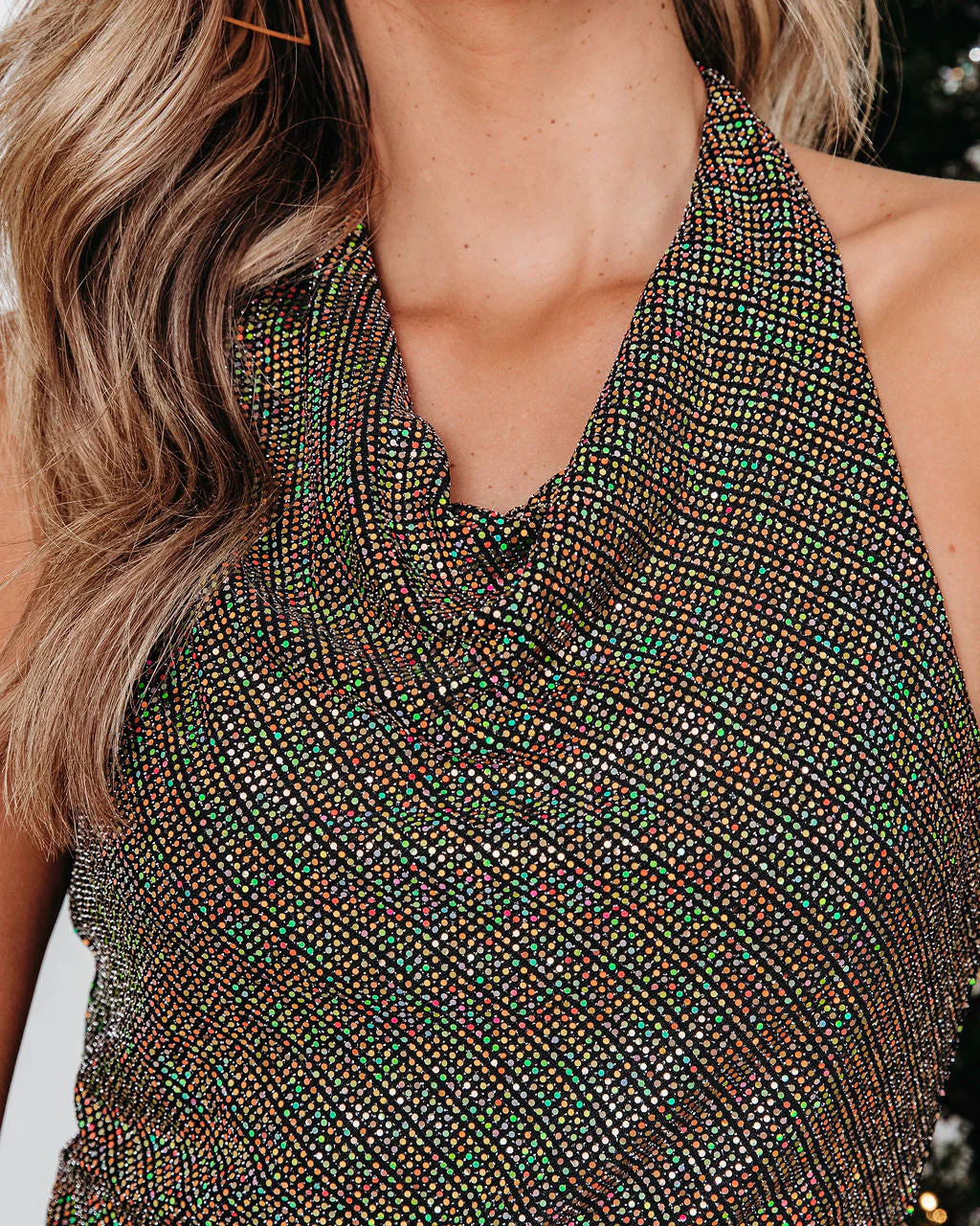 Disco Fever Shimmer Halter Cowl Neck Maxi Dress