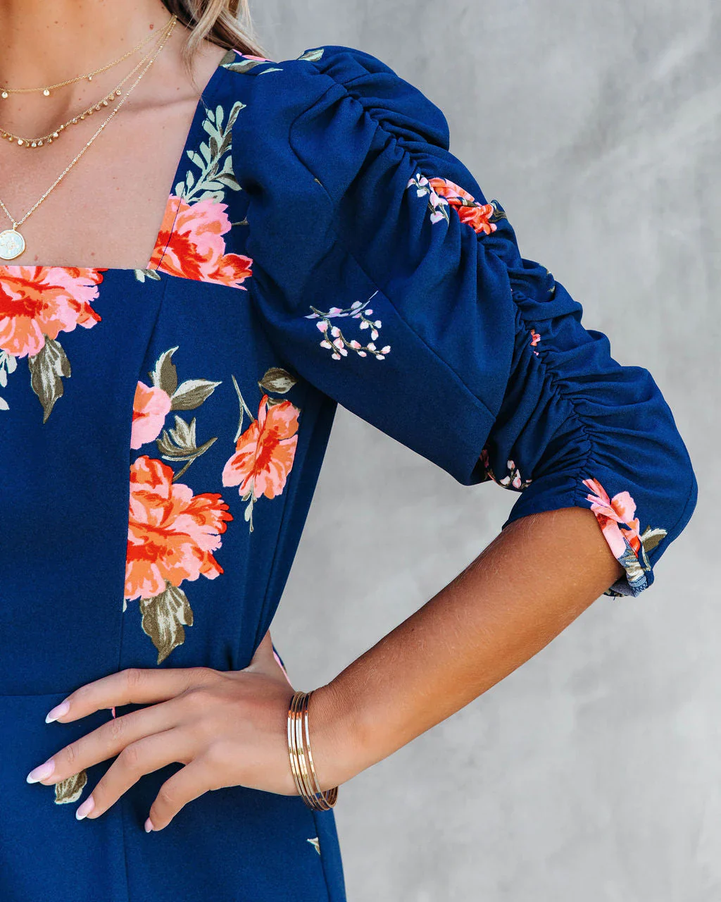 Life Is Peachy Floral Ruched Puff Sleeve Midi Dress