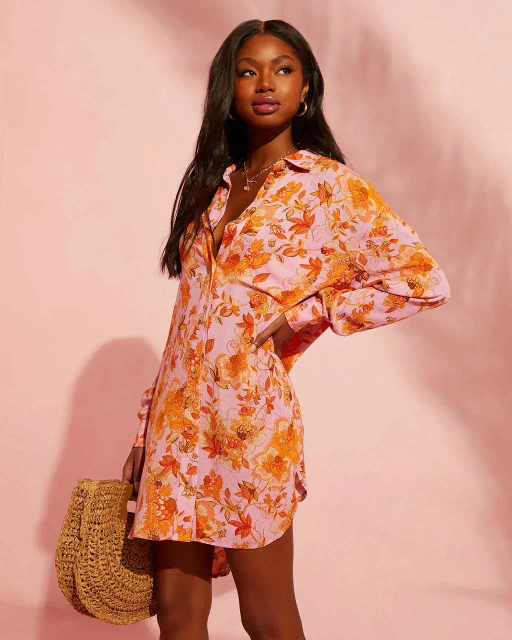Queen Retro Floral Printed Shirt Dress