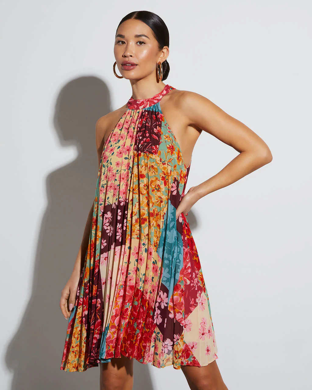 Spring Awakening Mock Neck Pleated Mini Dress